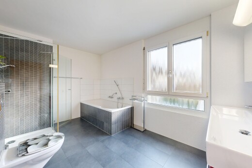 bad mit komplettes badezimmer, dark floor, inside property, dusche, und natürliches licht