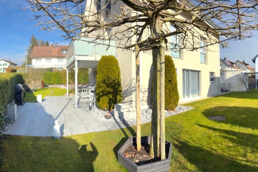 außenansicht mit day time, rasen, property visible, stuckverkleidung, und terrasse