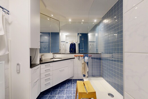 bad mit fliesenboden, tile floor, schminktisch, komplettes badezimmer, und dark floor