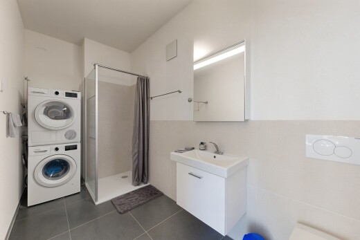 salle de bains avec salle de bain complète, lavabo (ou coiffeuse selon le contexte), douche, dark floor, et lave-linge et sèche-linge superposés