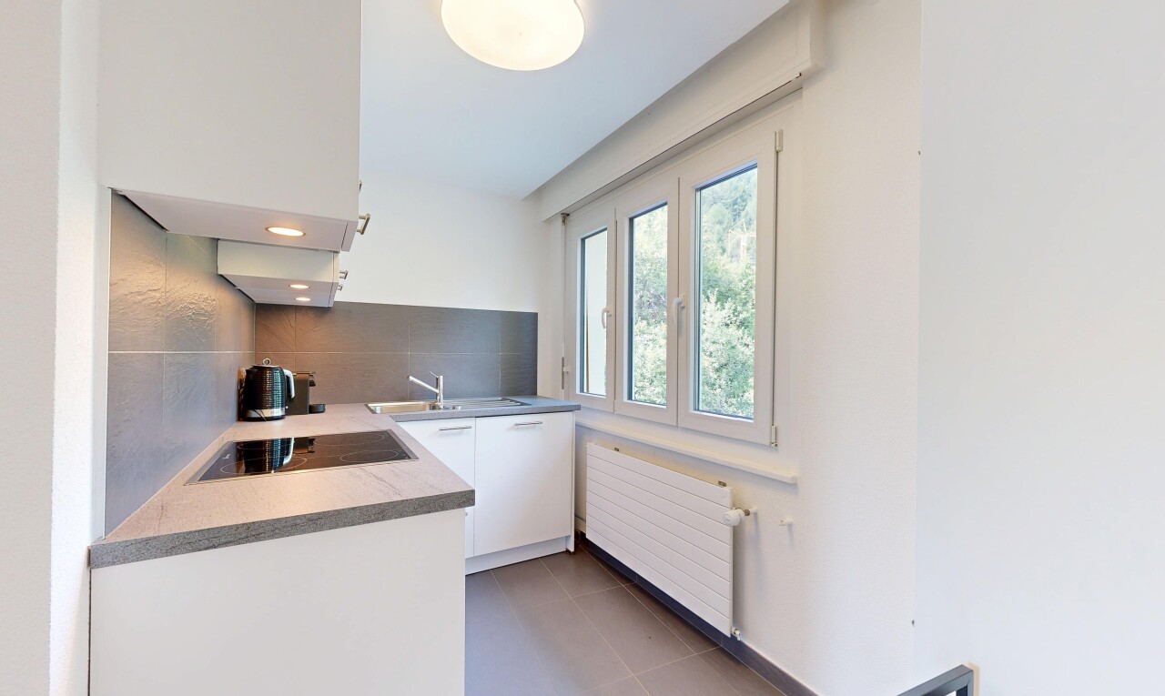 küche mit weiße schränke, arbeitsplatten, kühler, natürliches licht, und natural light