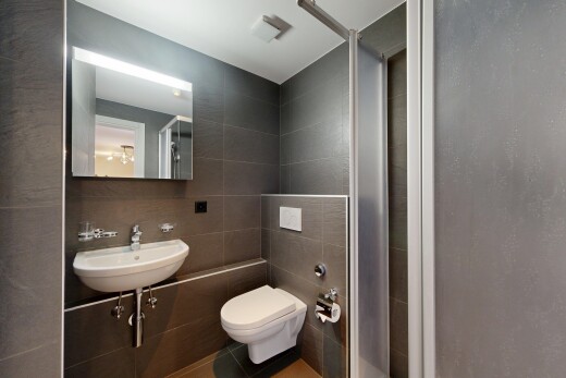 bad mit fliesenwand, tile wall, toilette, spiegel, und inside property