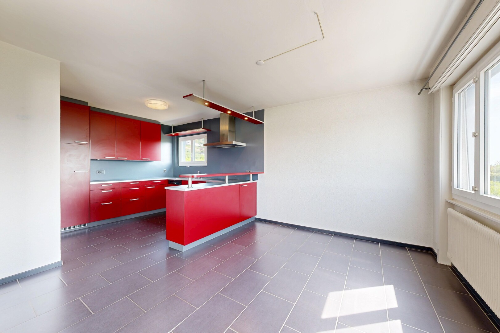 cuisine avec radiateur, dark floor, hotte, lumière naturelle, et armoires à panneau plat