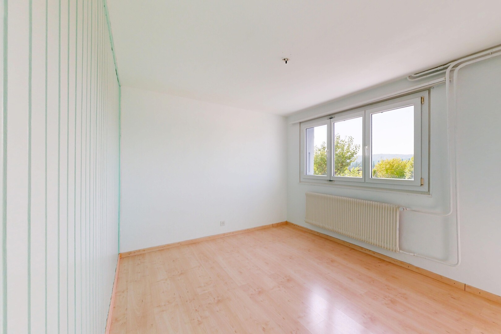 pièce vide avec wood finish floor, sol en finition bois, radiateur, drywall, et cloison sèche