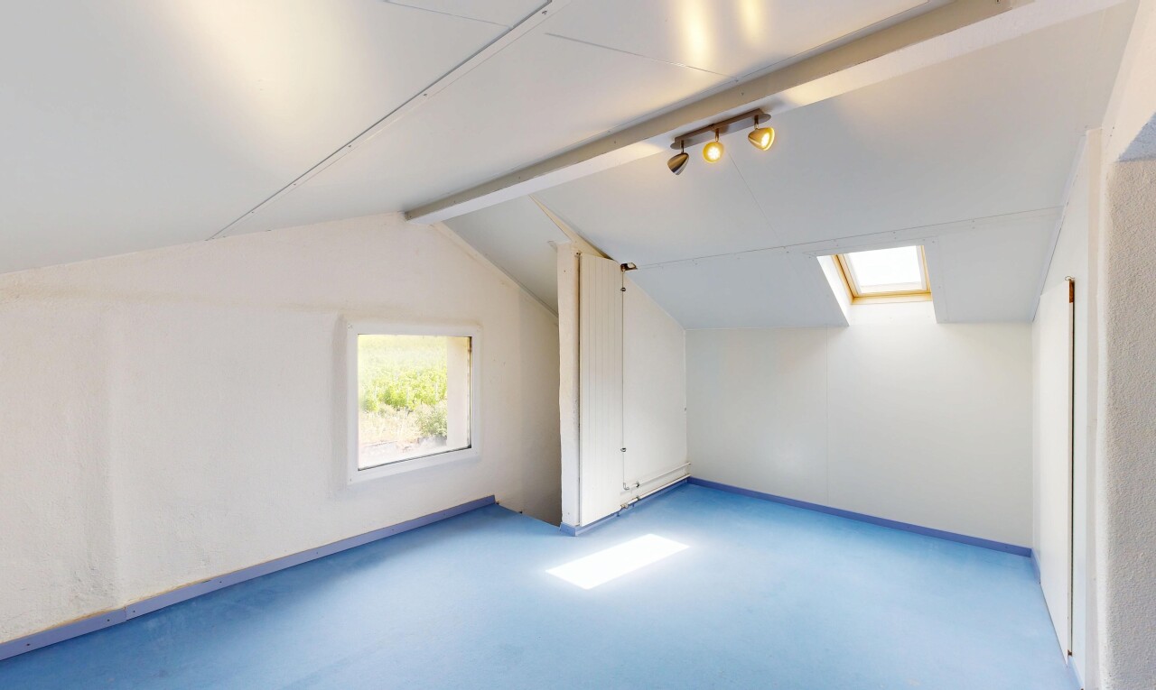 pièce vide avec plafond voûté, vaulted ceiling, éclairage sur rail, puits de lumière, et pièce supplémentaire