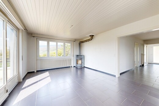 pièce vide avec poêle à bois, radiateur, cloison sèche, drywall, et inside property