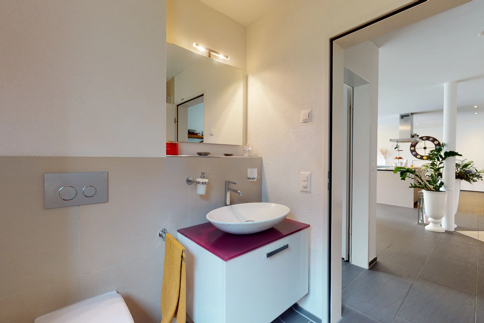 salle de bains avec meuble-lavabo, vasque, toilettes, et miroir
