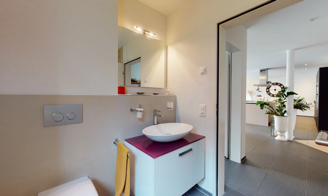 salle de bains avec meuble-lavabo, vasque, toilettes, et miroir