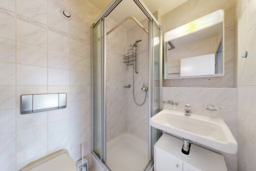 salle de bains avec tile wall, mur en carrelage, miroir, salle de bain complète, et douche