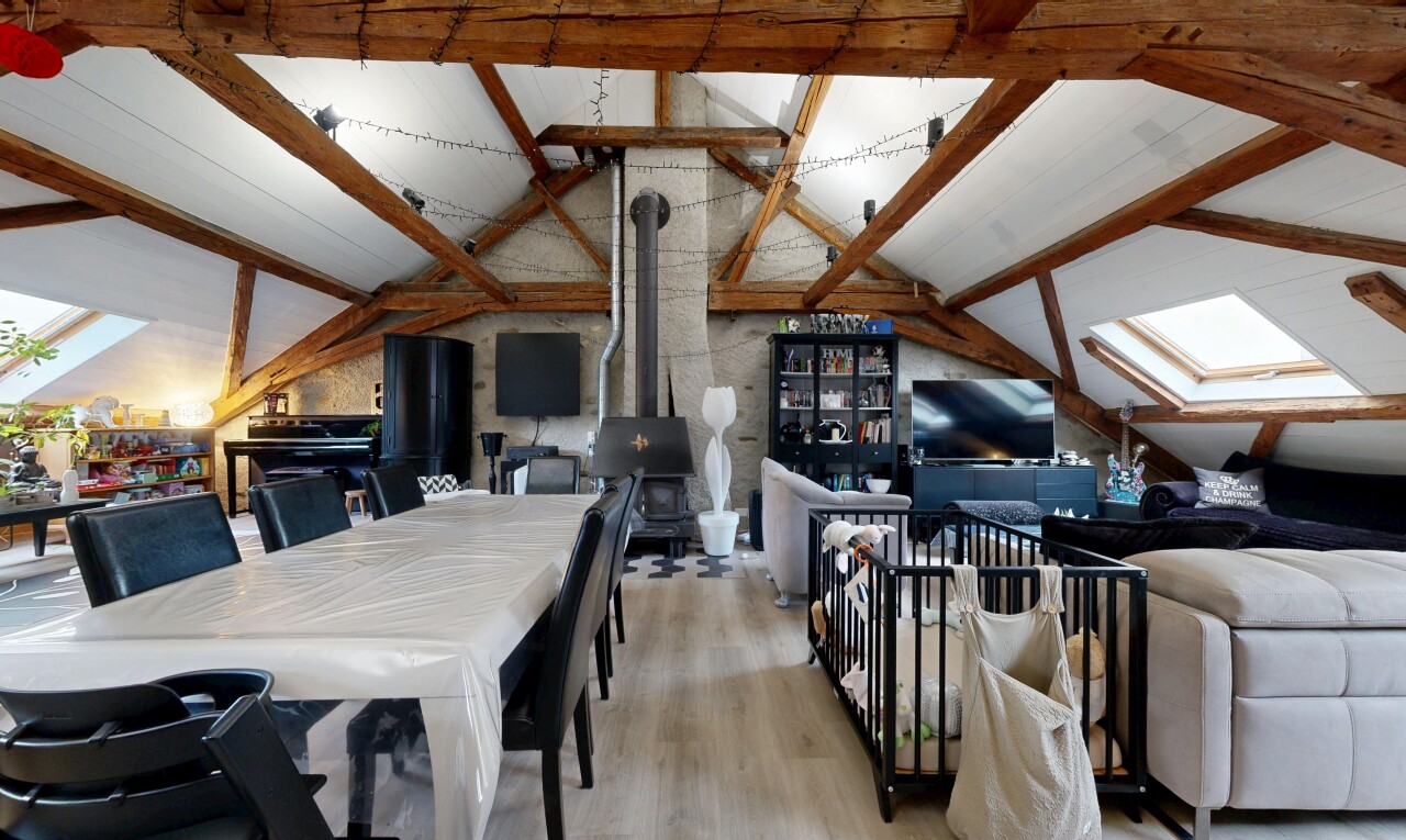 salon / salle à manger avec inside property, plafond cathédrale, cathedral ceiling, télévision, et sol en finition bois