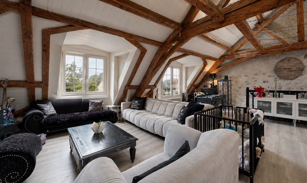 salon / salle à manger avec inside property, puits de lumière, plafond à poutres, beamed ceiling, et lumière naturelle