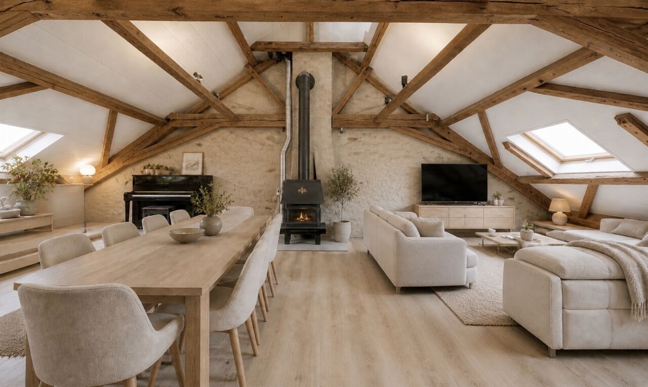 salon / salle à manger avec inside property, plafond cathédrale, cathedral ceiling, télévision, et sol en finition bois
