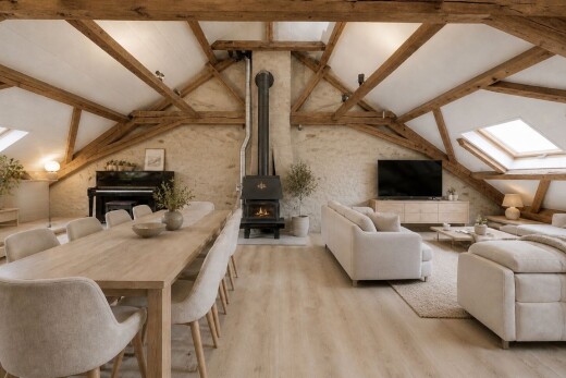 salon / salle à manger avec inside property, plafond cathédrale, cathedral ceiling, télévision, et sol en finition bois