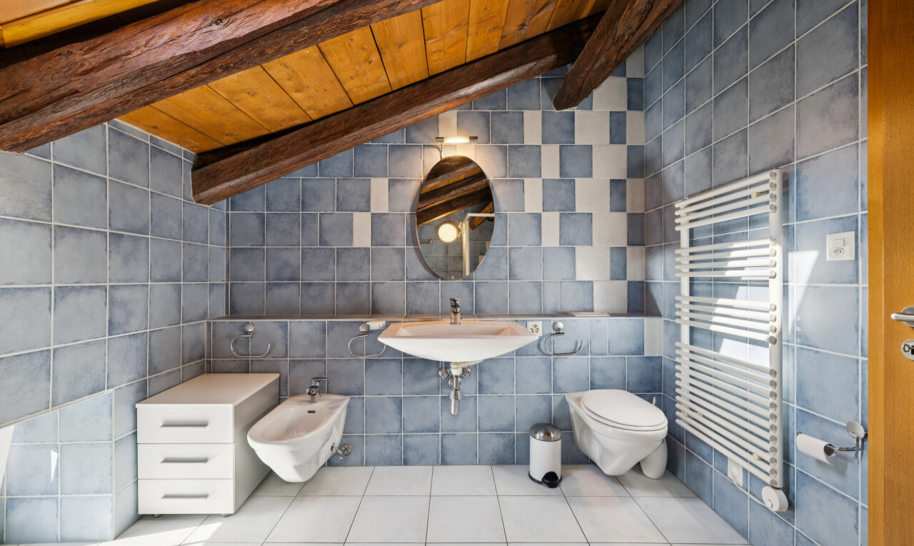 salle de bains avec tile wall, mur en carrelage, chauffe-serviettes, radiateur, et miroir