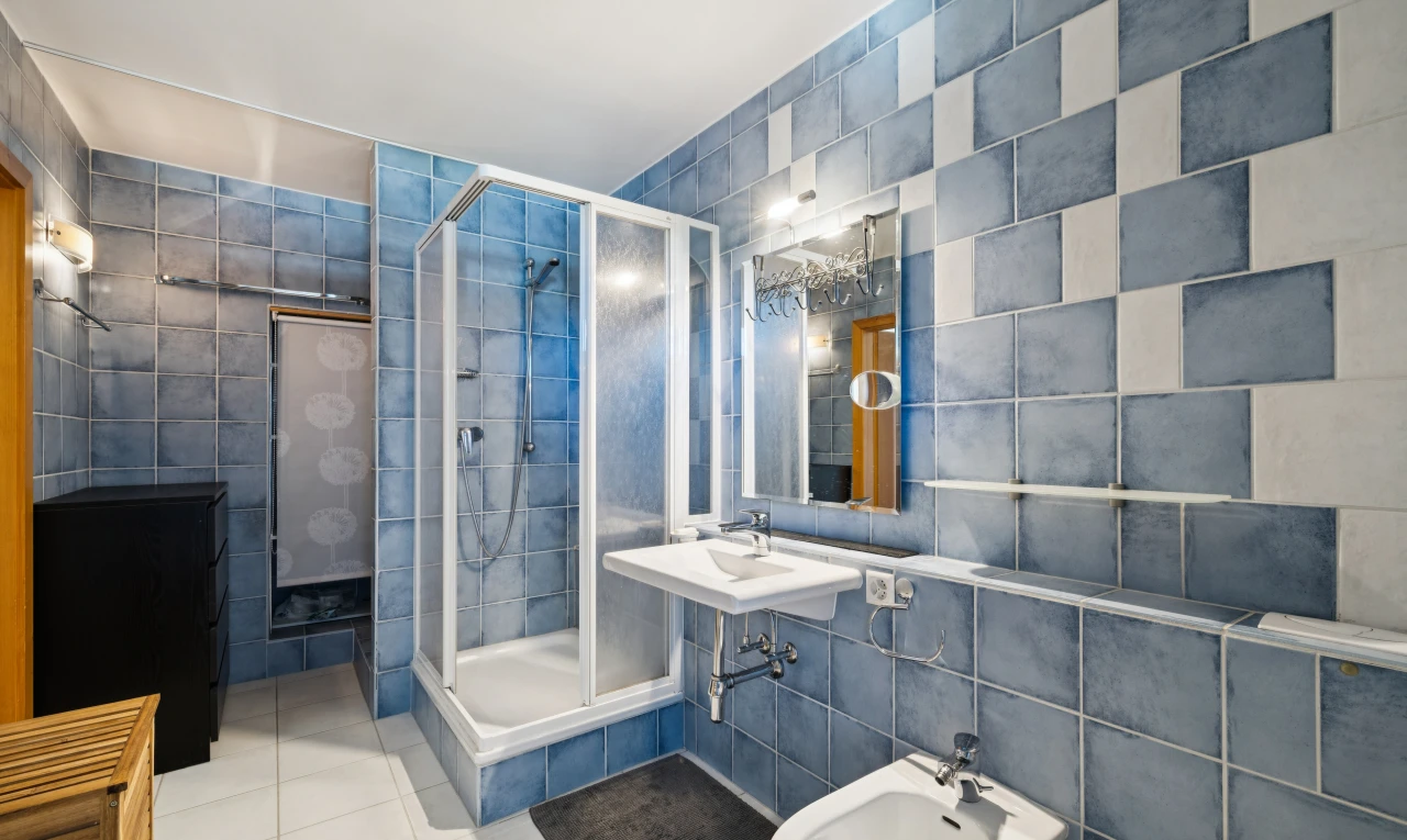 salle de bains avec tile wall, mur en carrelage, douche, salle de bain complète, et bidet