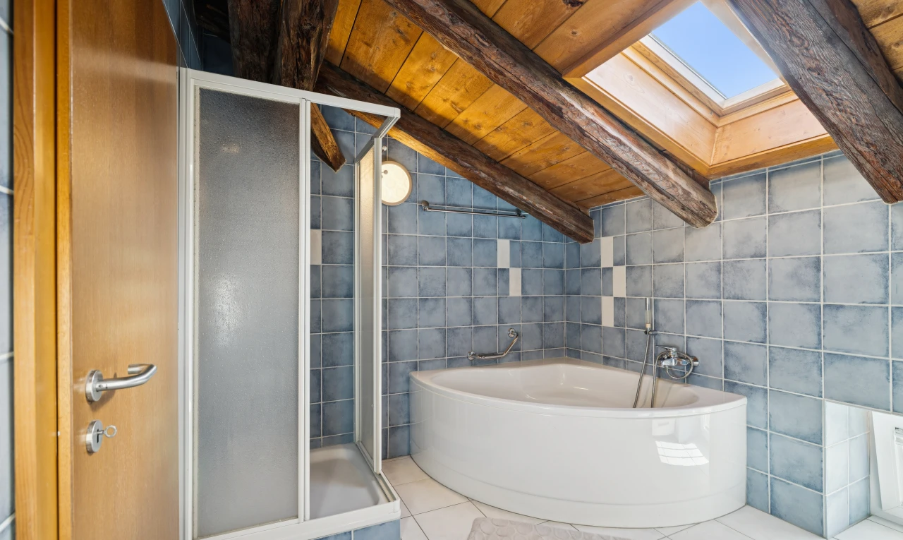salle de bains avec tile wall, mur en carrelage, bain, salle de bain complète, et douche