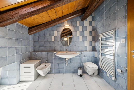 salle de bains avec tile wall, mur en carrelage, chauffe-serviettes, radiateur, et miroir