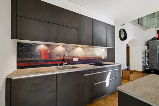 cuisine avec light countertops, passages en arc, armoires à panneau plat, flat panel cabinets, et évier