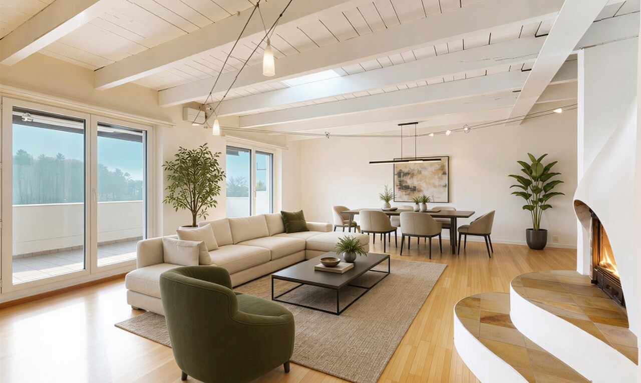 salon / salle à manger avec poutres apparentes, plancher de bois, et lumière naturelle