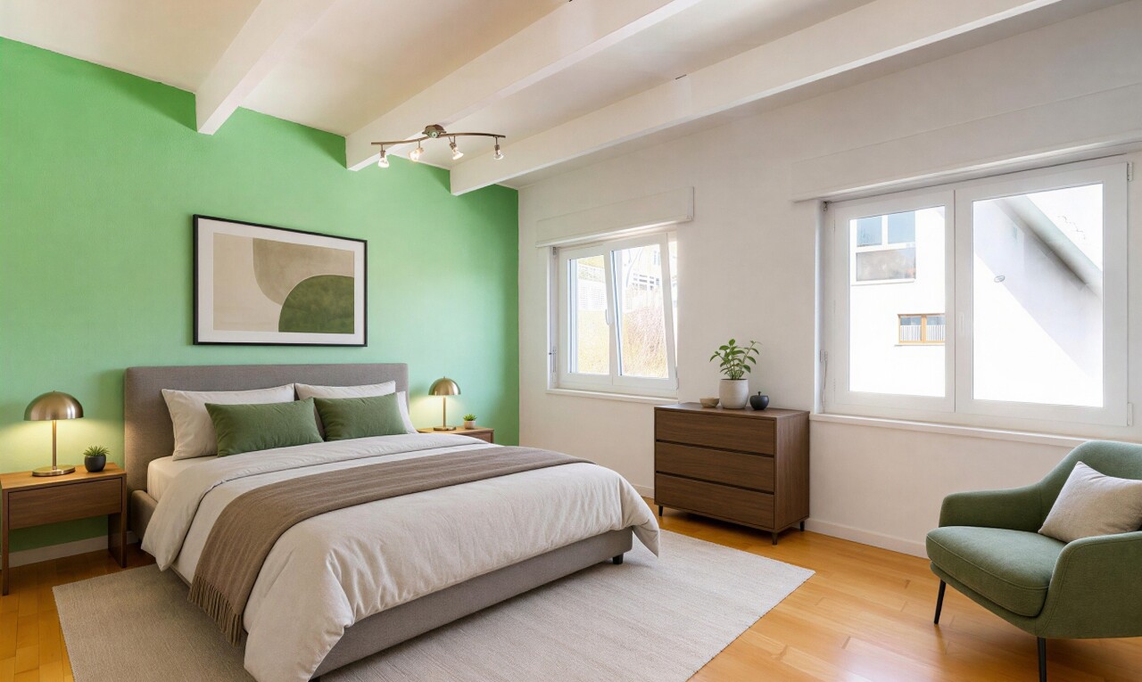 chambre avec poutres apparentes, télévision, plancher de bois, et lumière naturelle
