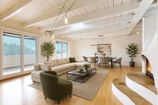 wohn- / esszimmer mit holzfußboden, wood finish floor, balkendecke, beamed ceiling, und gipskartonwand