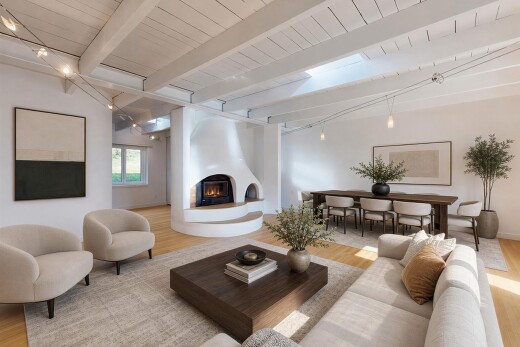 wohn- / esszimmer mit deckenbeleuchtung, balkendecke, beamed ceiling, kamin, und holzfußboden