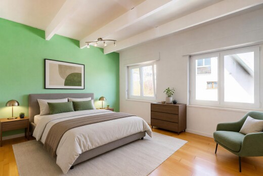 chambre avec éclairage sur rail, plafond à poutres, beamed ceiling, cloison sèche, et drywall