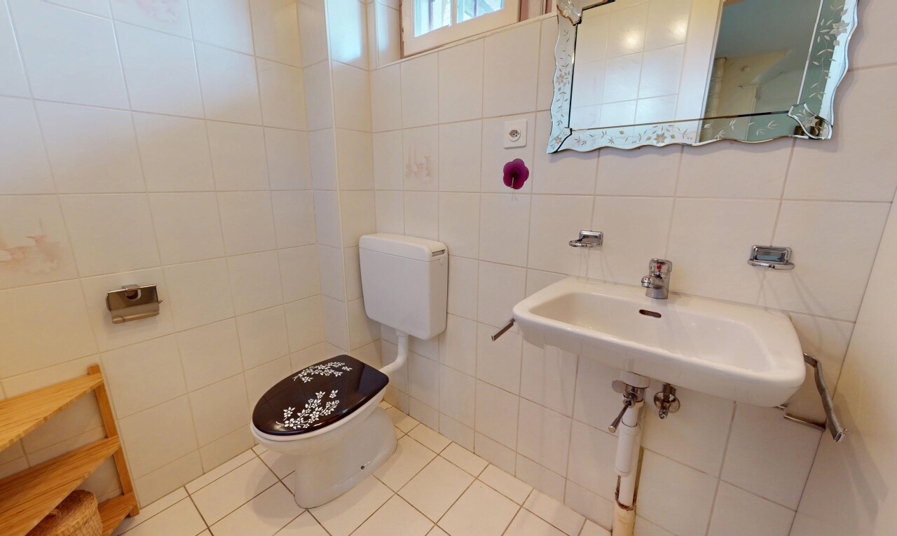 salle de bains avec toilettes, miroir, lumière naturelle, carrelage, et mur carrelé