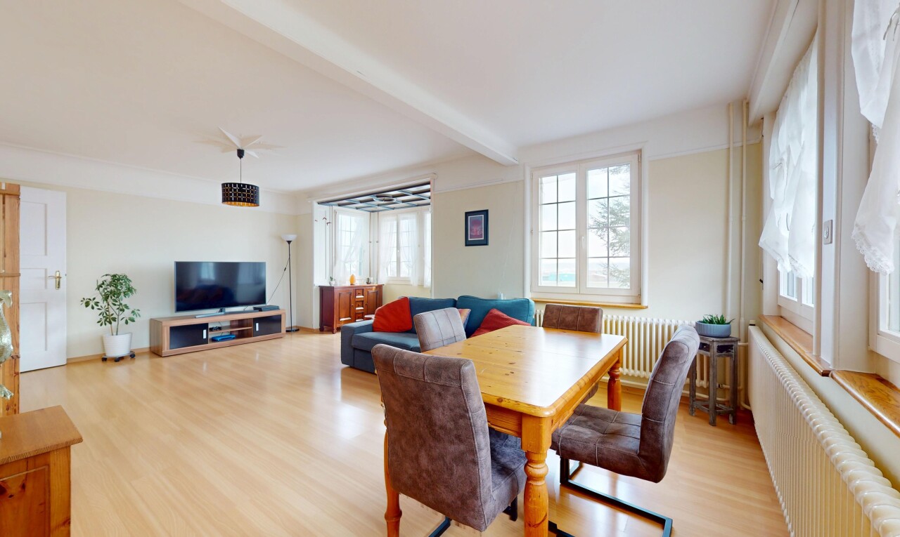 salon / salle à manger avec télévision, radiateur, lumière naturelle, et poutres apparentes