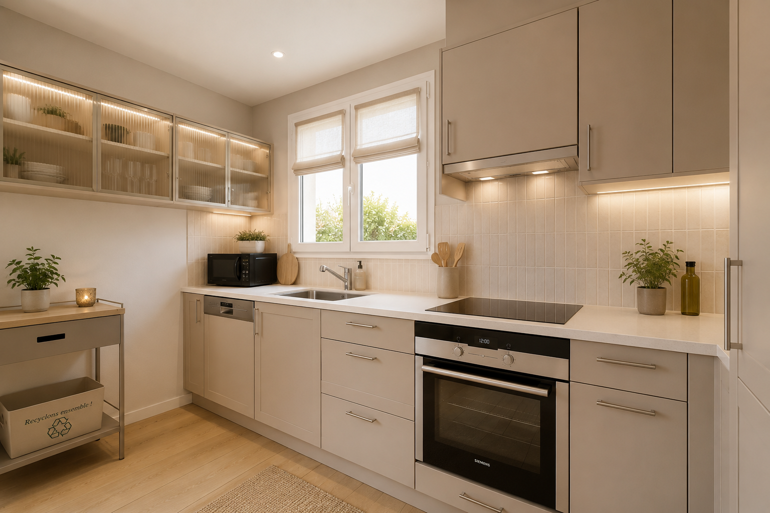 cuisine avec cuisinière, lumière naturelle, meubles blancs, et four