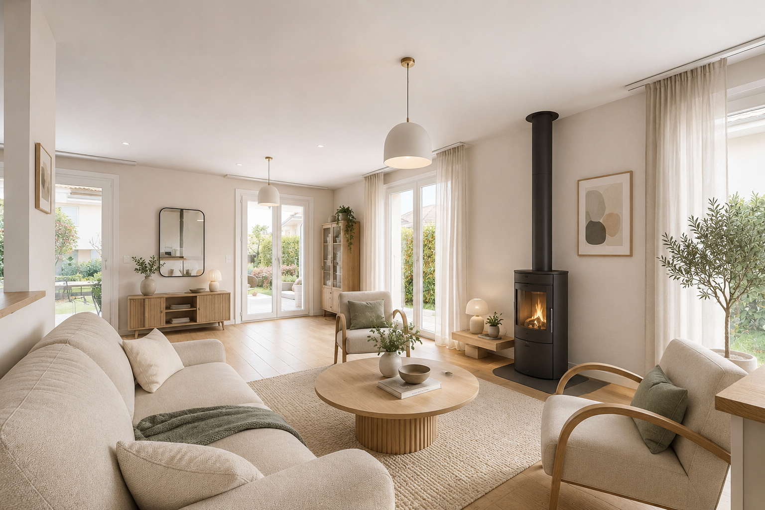 salon avec poêle à bois, carrelage, et lumière naturelle