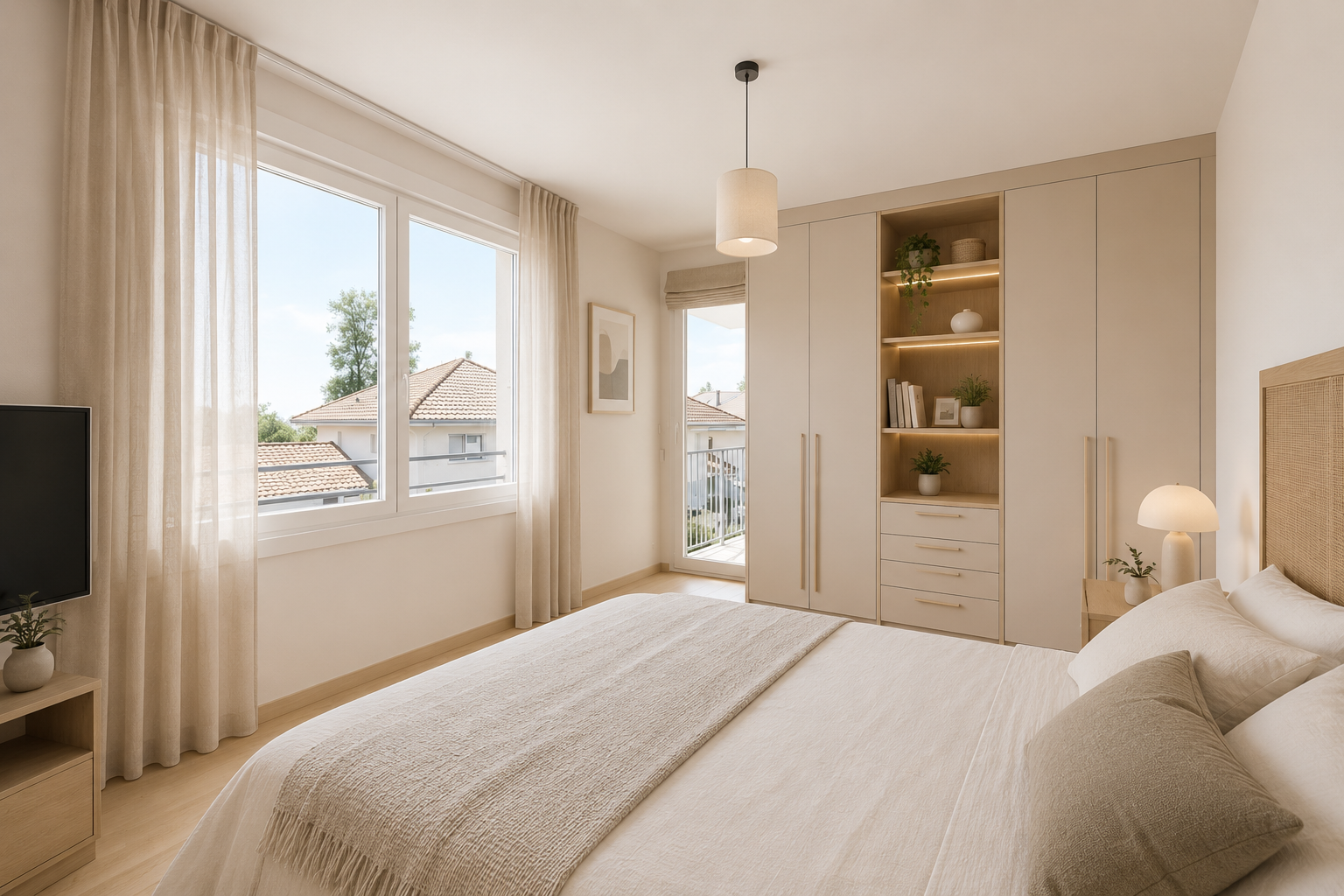 chambre avec télévision et lumière naturelle