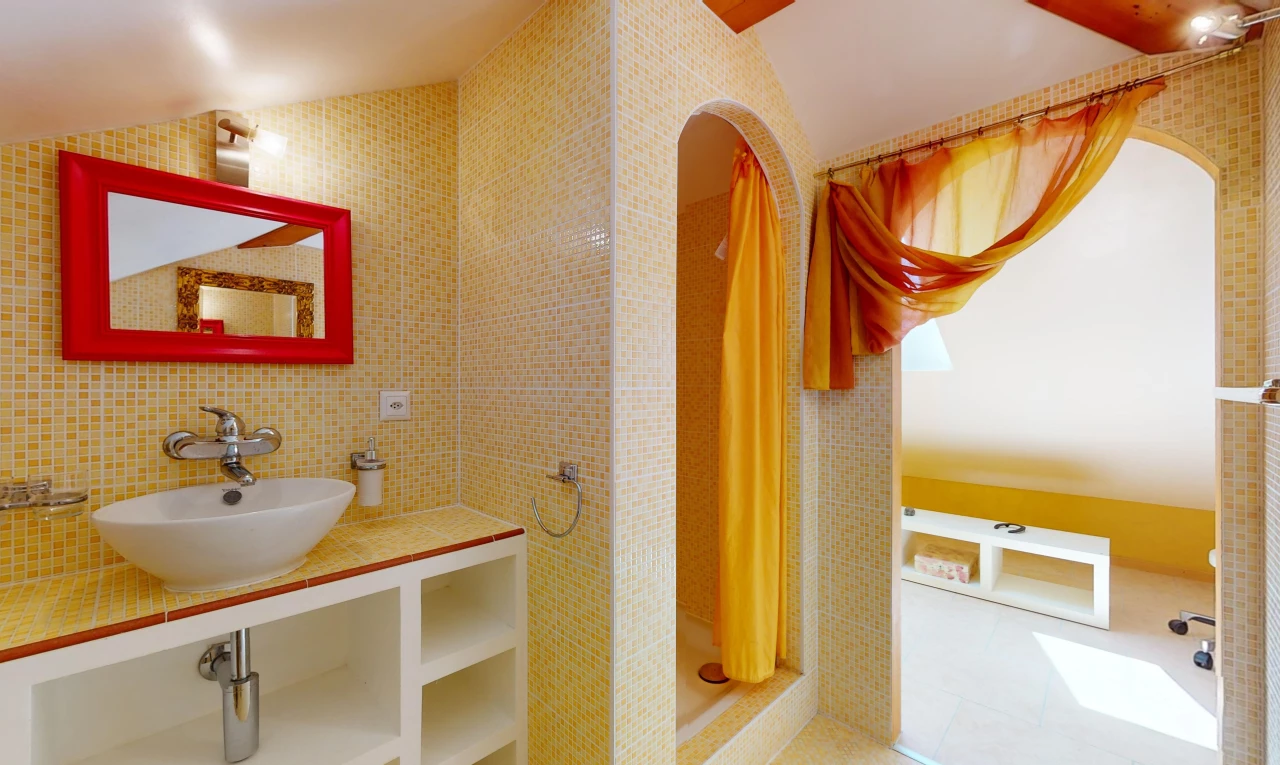 salle de bain avec miroir, mur carrelé, crédence, douche, et vasque