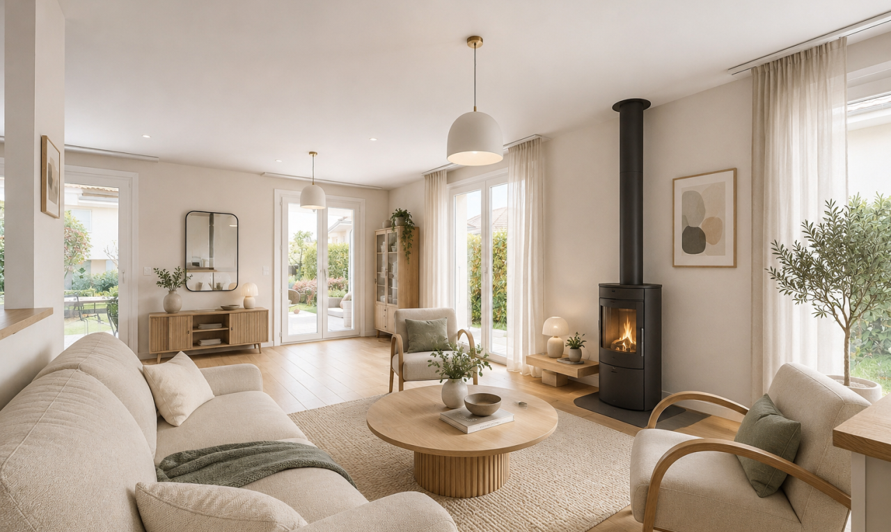 salon avec poêle à bois, carrelage, et lumière naturelle