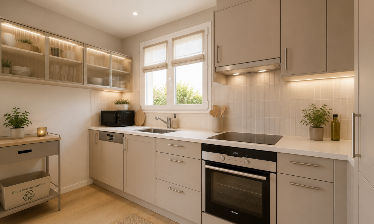 cuisine avec cuisinière, lumière naturelle, meubles blancs, et four
