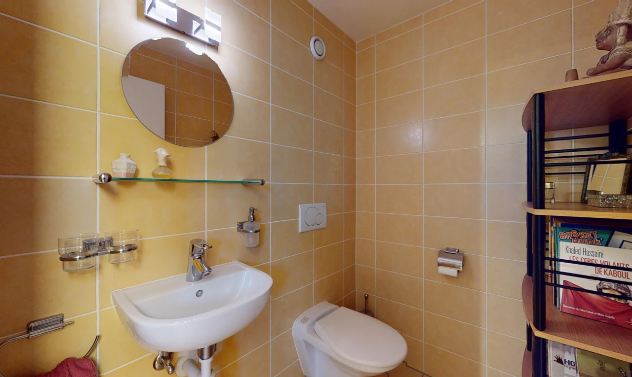 salle de bain avec mur carrelé, toilettes, miroir, et vasque