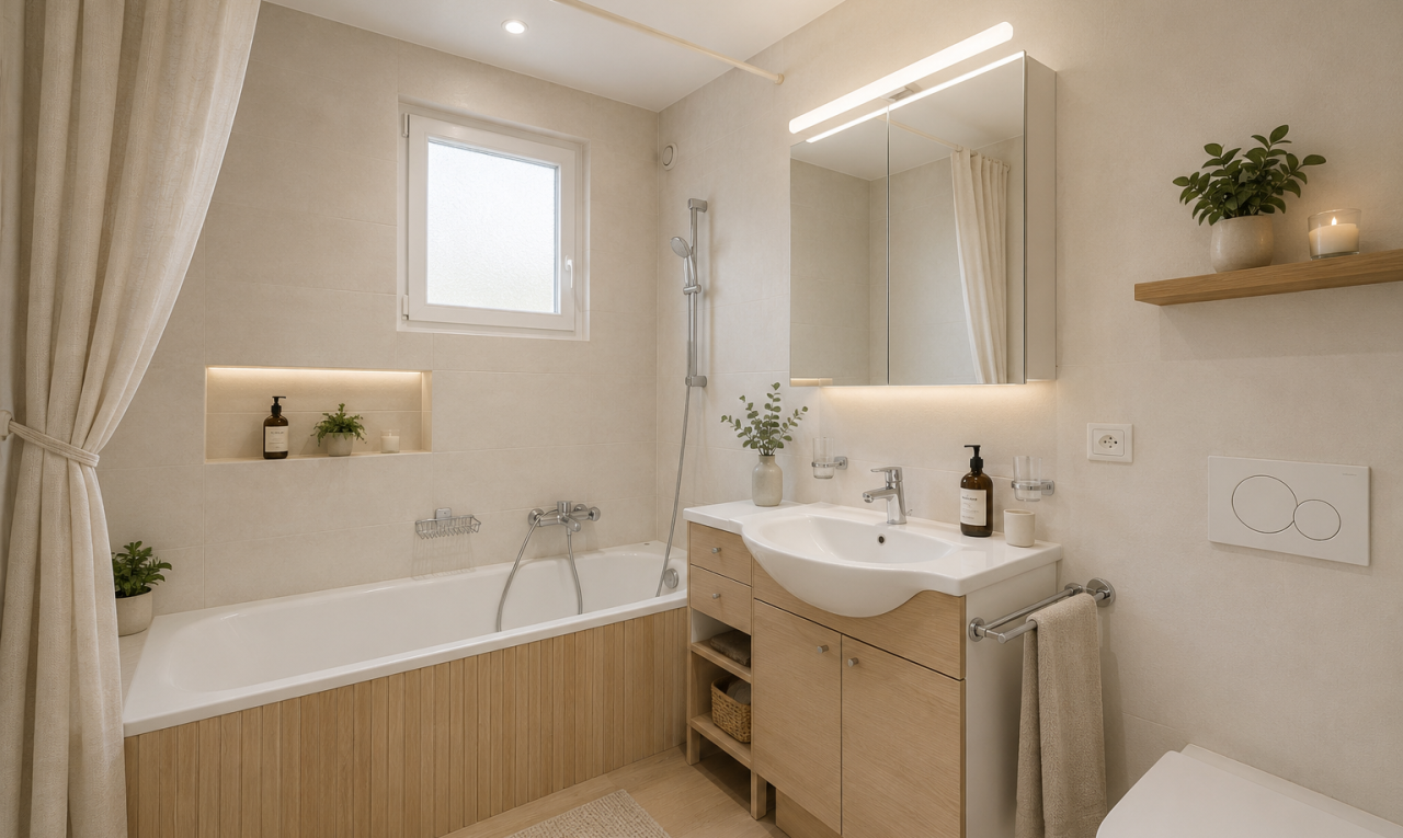 salle de bain avec miroir, mur carrelé, carrelage, lumière naturelle, et meuble-lavabo