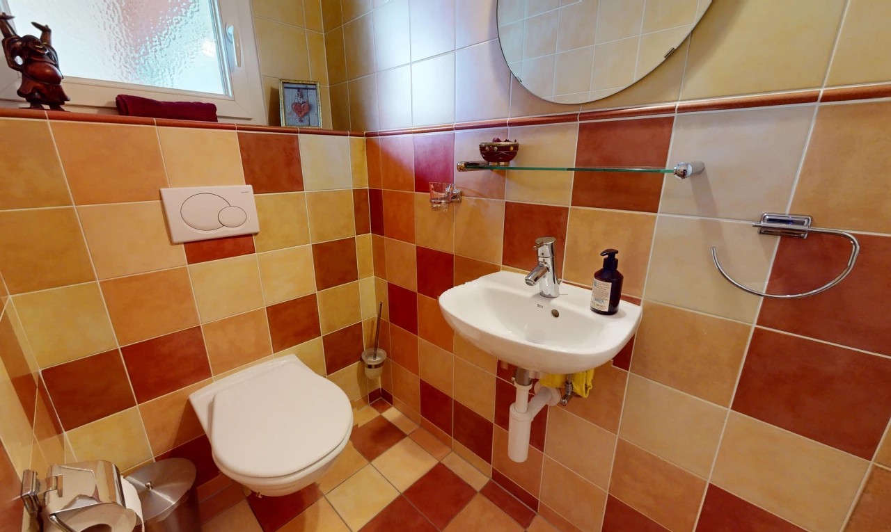 salle de bain avec mur carrelé, toilettes, miroir, et lumière naturelle