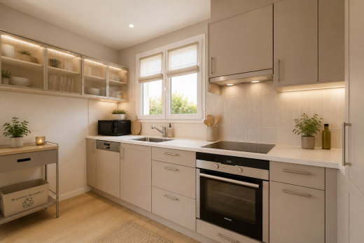 cuisine avec cuisinière, lumière naturelle, meubles blancs, et four