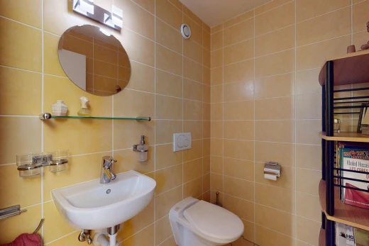 salle de bain avec mur carrelé, toilettes, miroir, et vasque