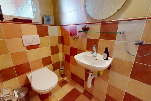 salle de bain avec mur carrelé, toilettes, miroir, et lumière naturelle