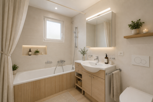 salle de bain avec miroir, mur carrelé, carrelage, lumière naturelle, et meuble-lavabo