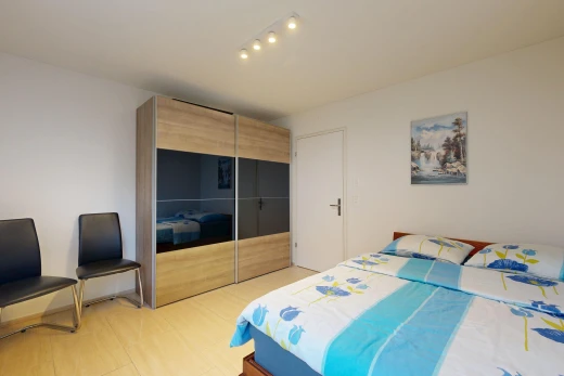 room / bedroom with rail lighting, a closet, and light wood-type flooring