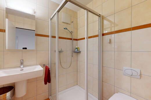 bad mit komplettes badezimmer, spiegel, dusche, tile wall, und fliesenwand