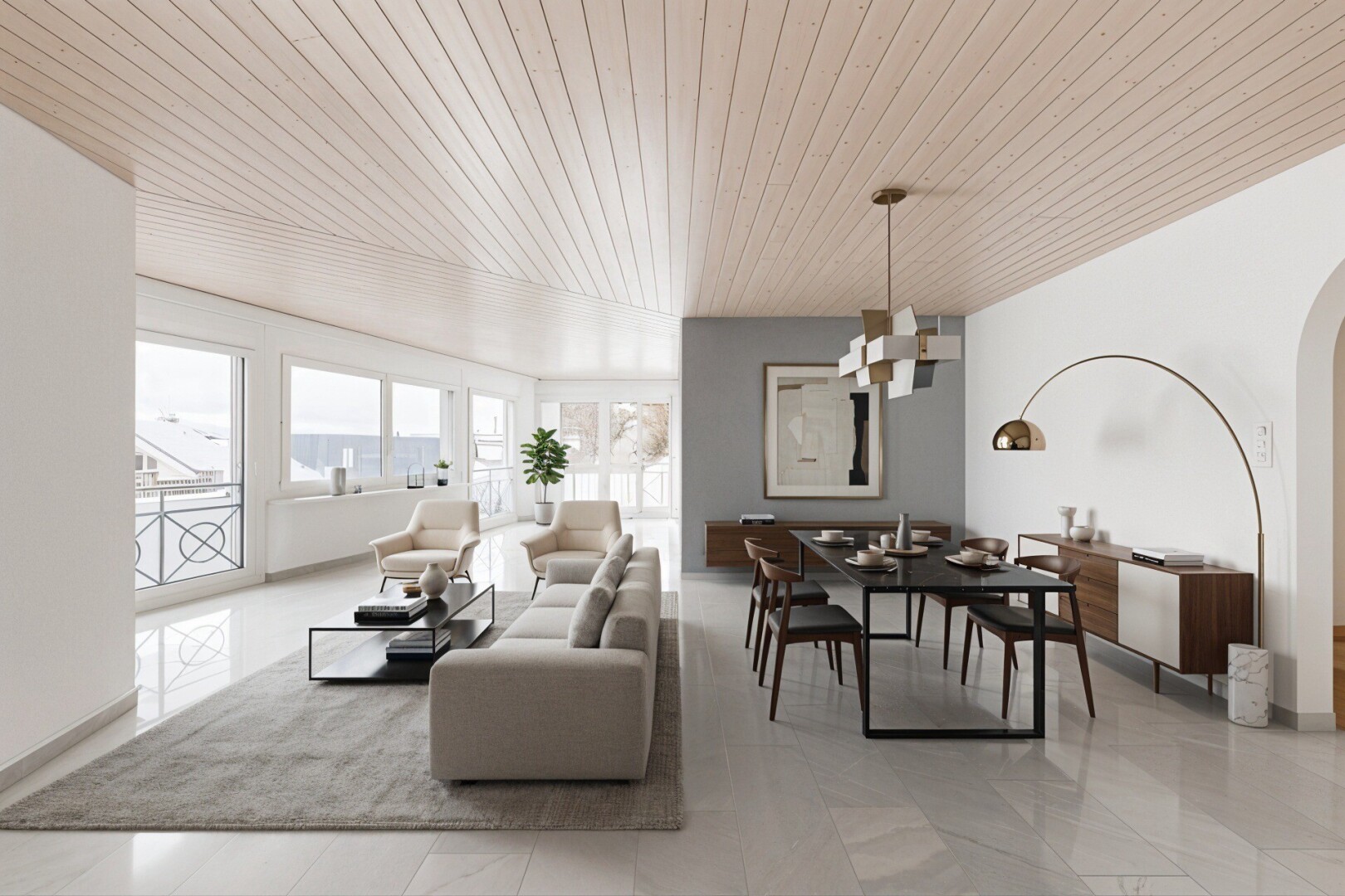 unfurnished room featuring arched walkways and wooden ceiling