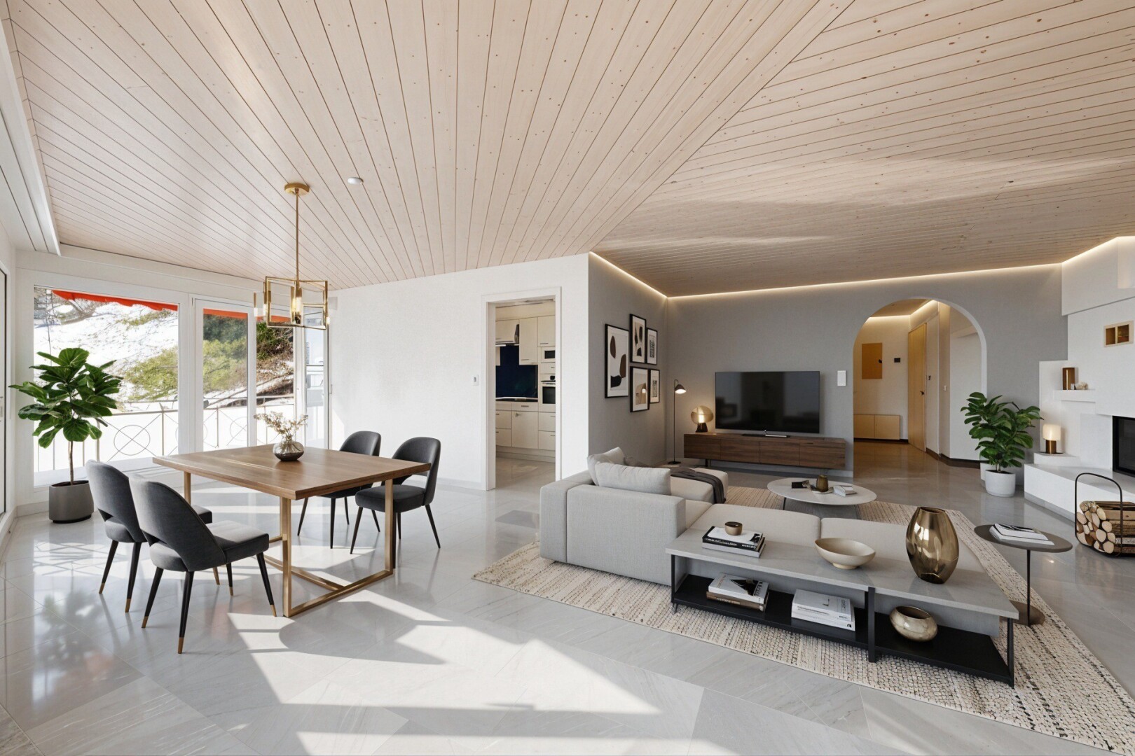 spare room featuring arched walkways, wooden ceiling, and a fireplace with raised hearth
