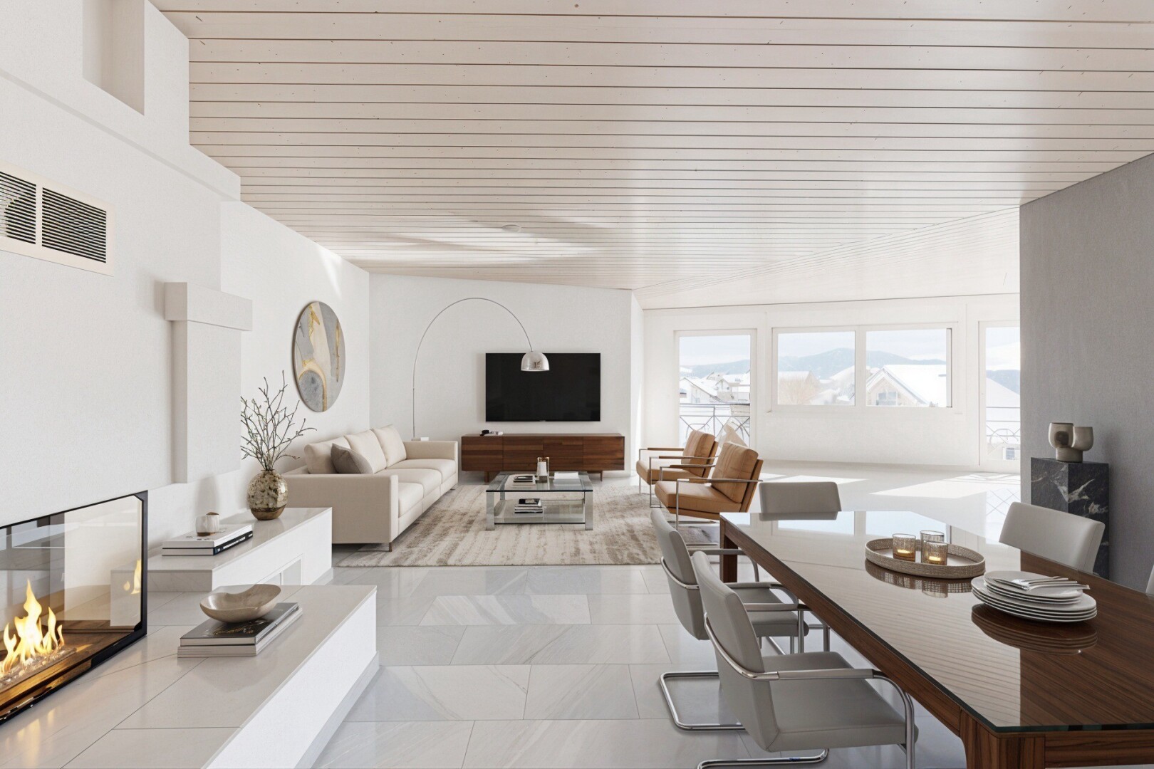 living / dining room with light tile patterned floors