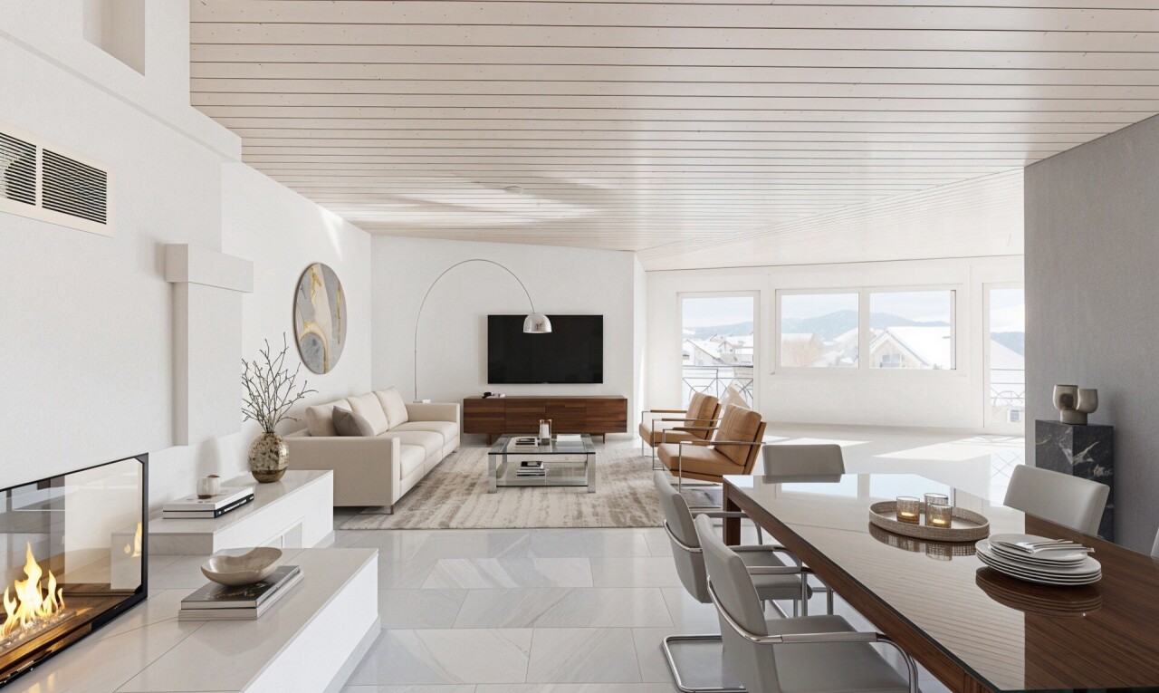 living / dining room with light tile patterned floors