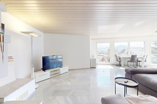 wohn- / esszimmer mit holzdecke, fernseher, natürliches licht, und gipskartonwand