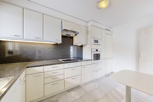 cuisine avec dosseret, backsplash, four, hotte, et plans de travail
